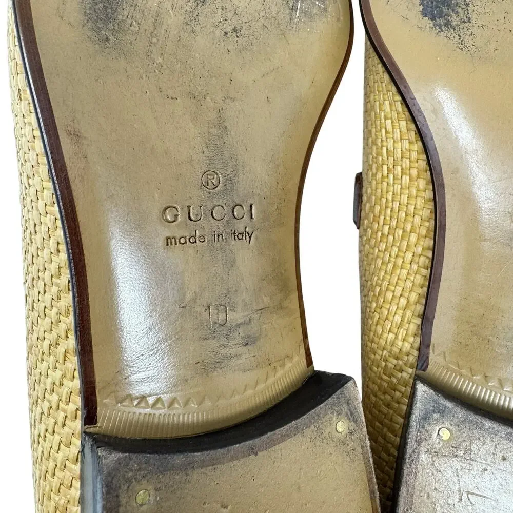 Gucci Horsebit Raffia Loafers Mens 10 Brown Leather Trim Italy
